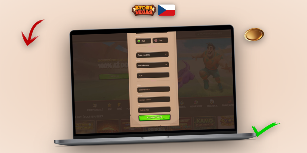 Stylizovaný registrační formulář Stonevegas Casino CZ na notebooku a mobilu vedle sebe