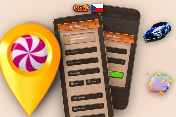 Hráč se smartphonem a uvítací bonus Stonevegas Casino po dokončení registrace